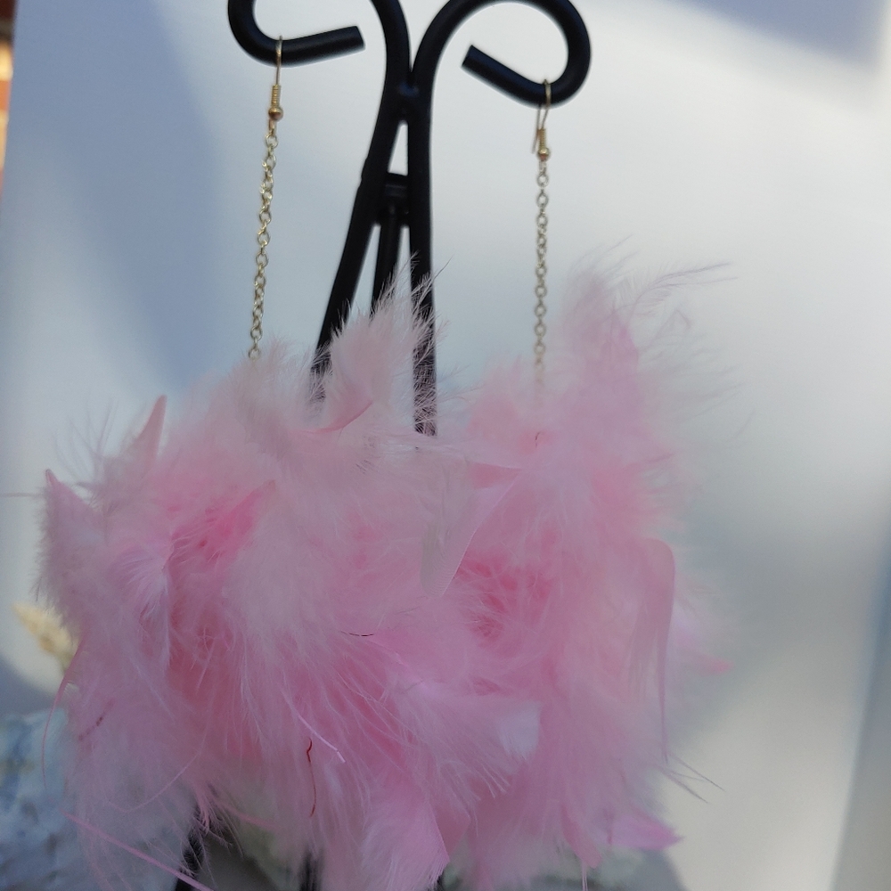 Pink boa feather earrings Valentine's Day